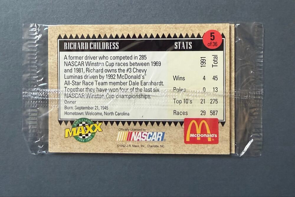 Richard Childress NASCAR vintage McDonald’s All Star race team 1992 Card pack